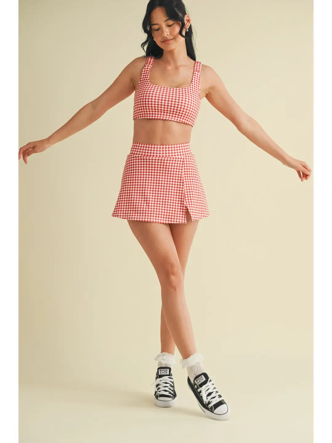 Gingham Print Side Slit A-Line Skort