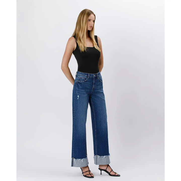 High Rise Cuffed Baggy Wide Jeans