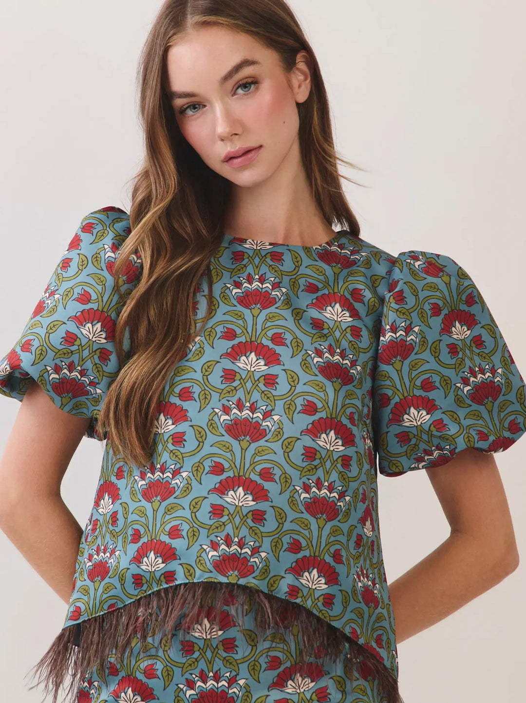 Floral Print Feather Trim Top