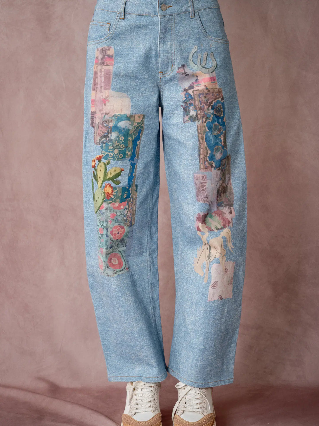 Vintage Art Collage Print Denim Pants