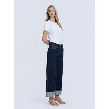 Dark Wash Trouser Fold Cuffed Wide Leg Jeans