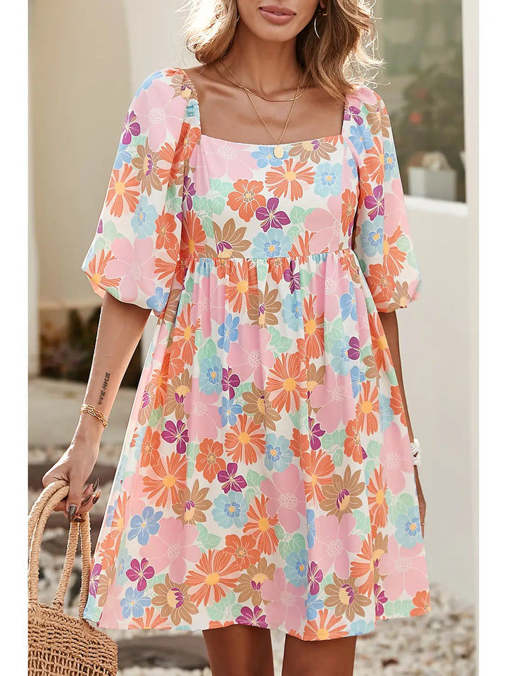 Pink Summer Floral Square Neck Puff Sleeve Babydoll Dress