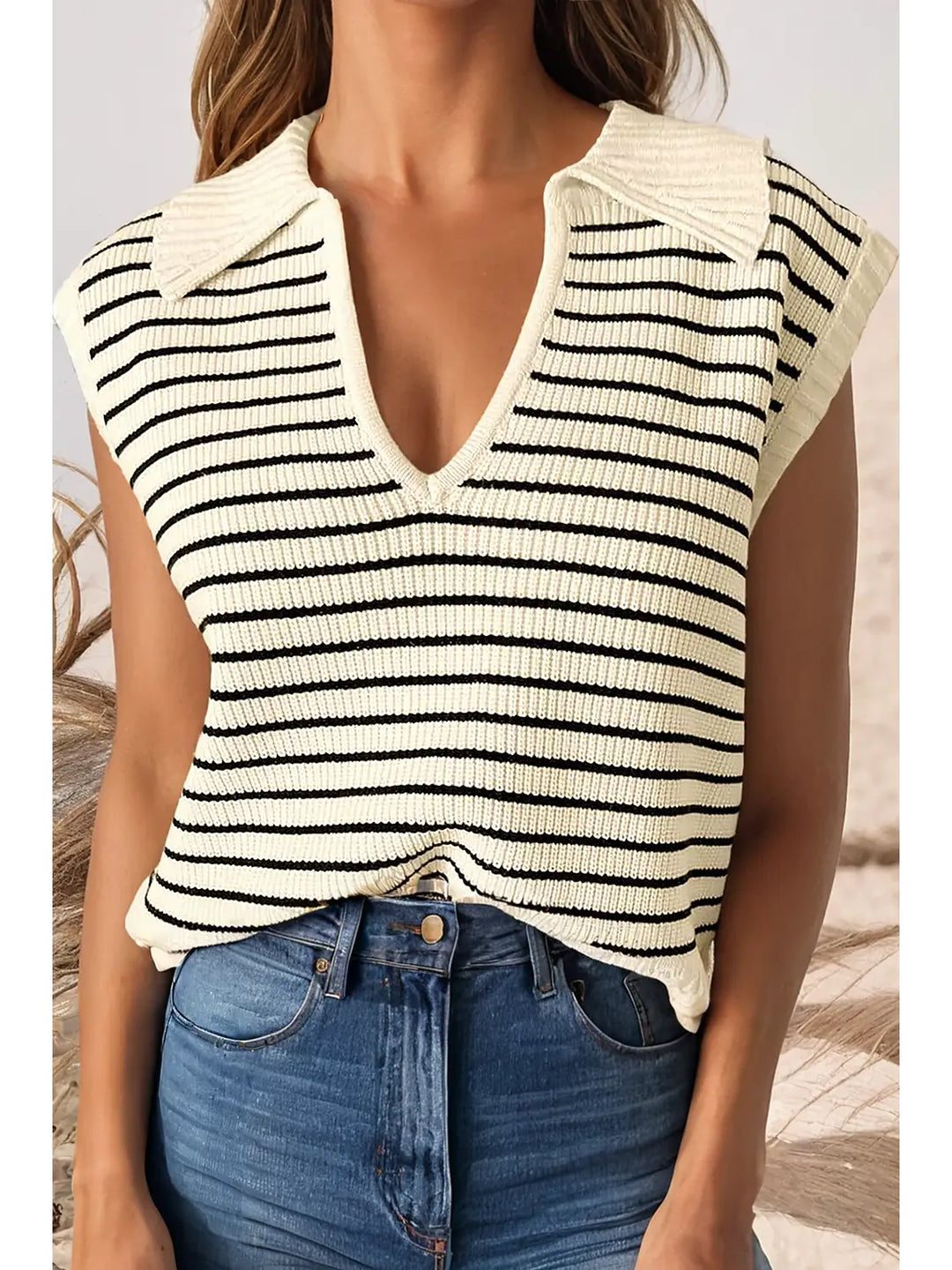 Stripe Turn-Down V Neck Sweater Tank Top