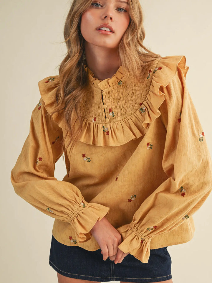 Ruffled Smocked Yoke Embroidered Blouse