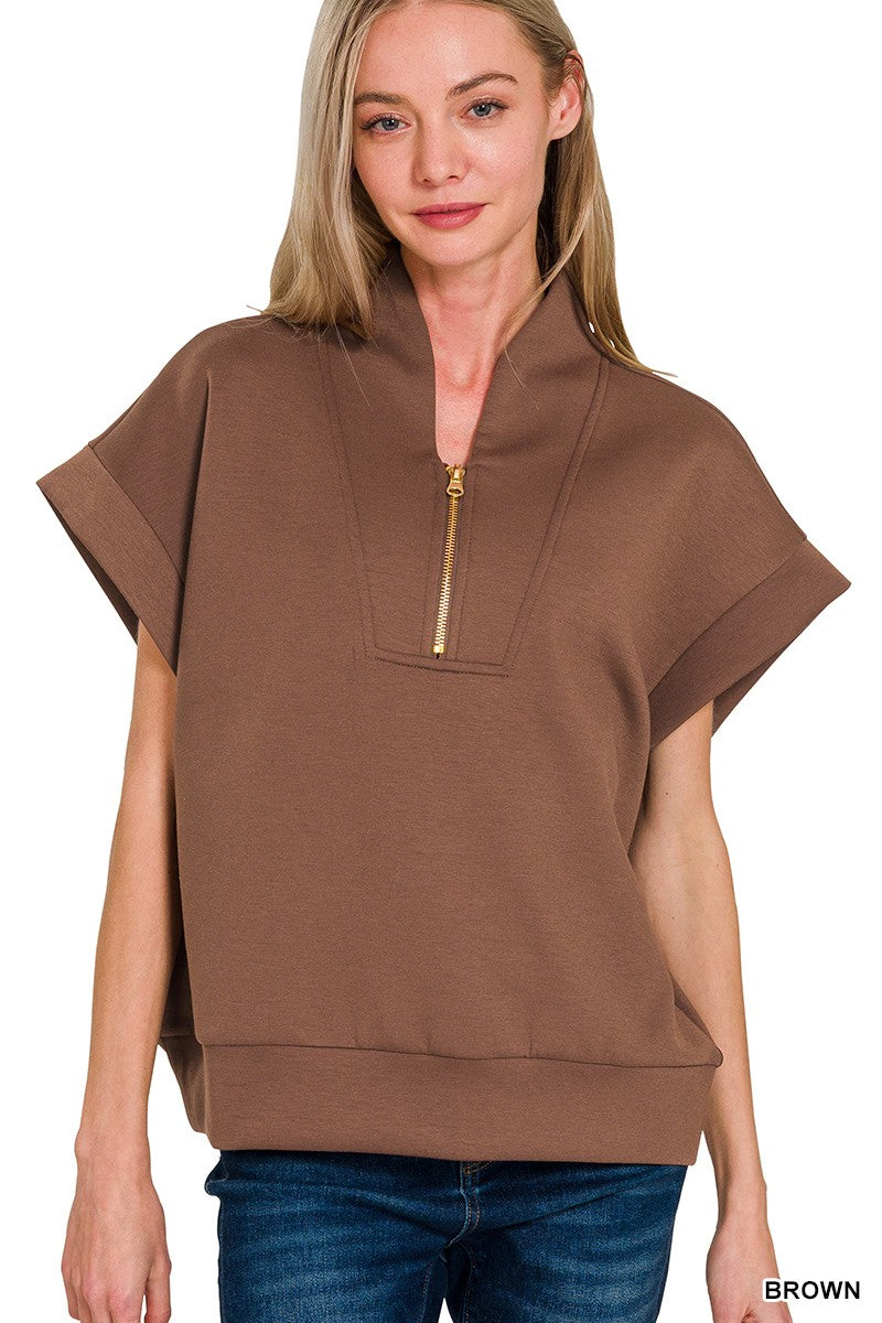 Scuba High Neck Half Zip Top-Brown