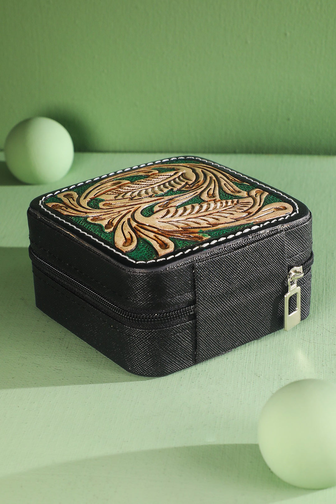 Jade Tooled Leather Jewelry Box