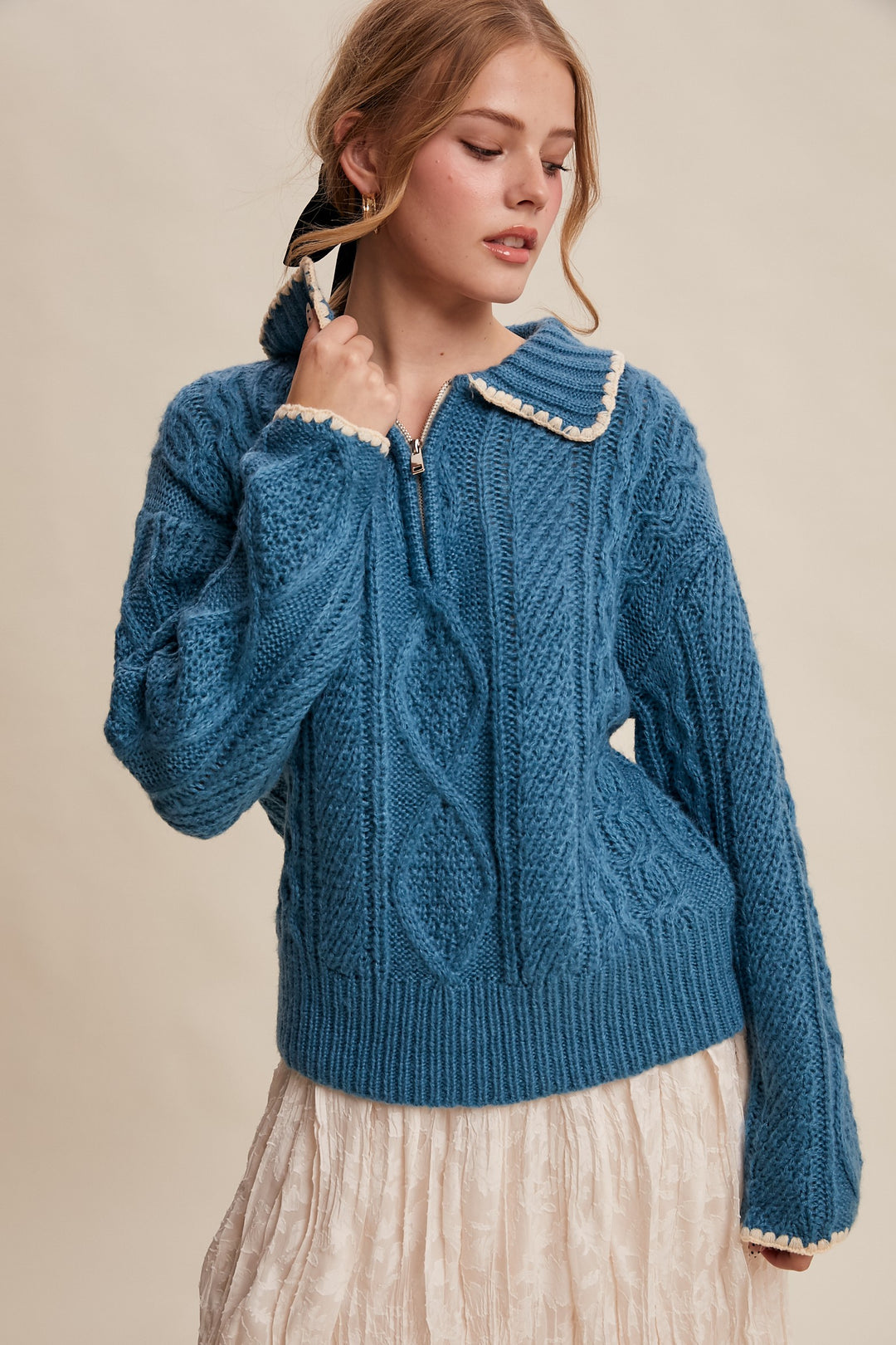 Teal Quarter Zip Cable Sweater