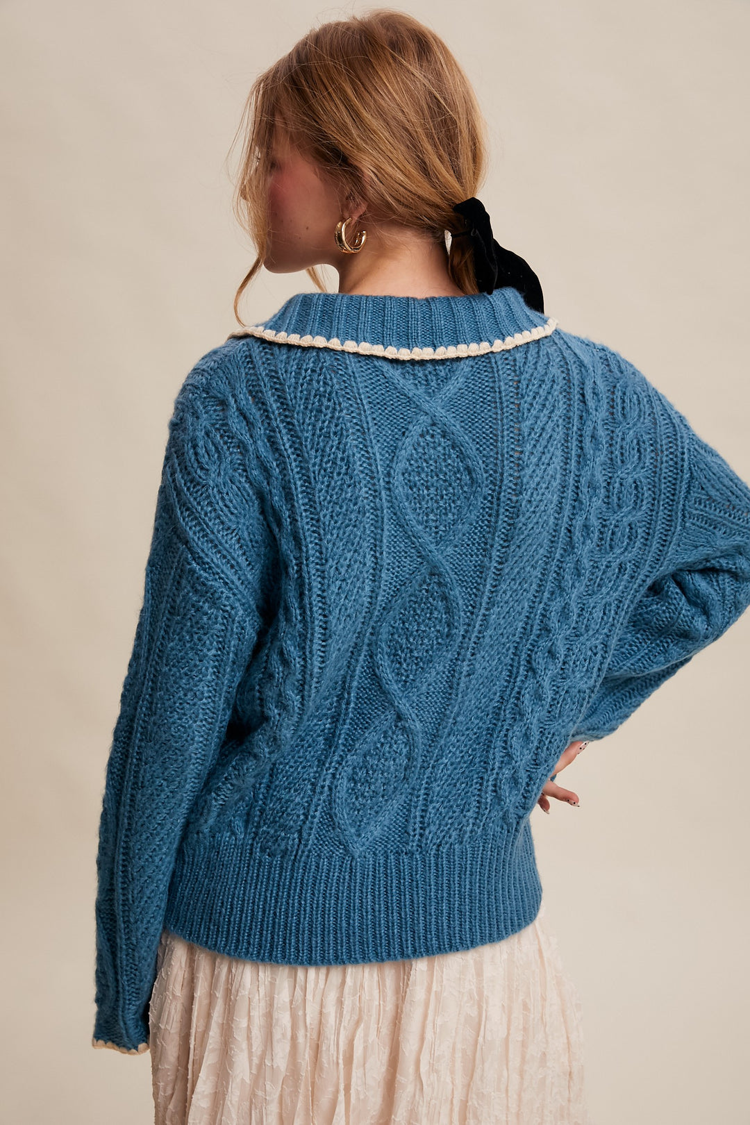 Scallop Trim Cable Knit Half-zip Sweater