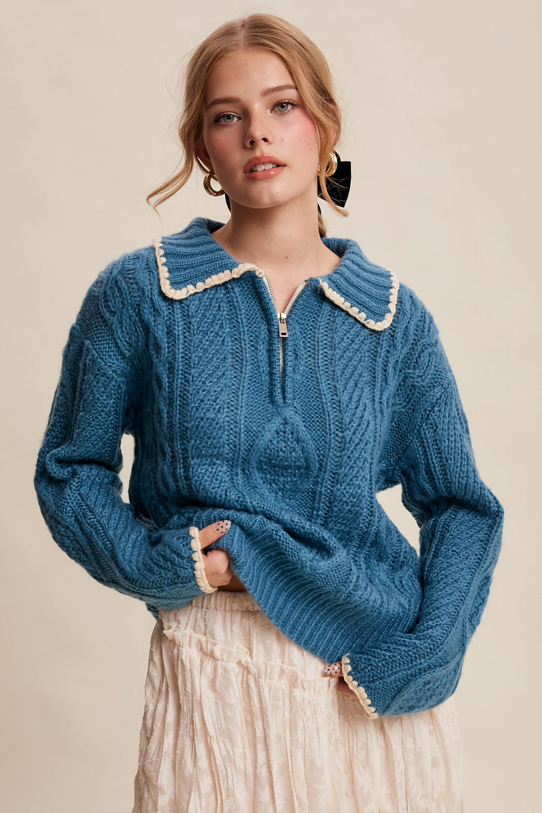 Scallop Trim Cable Knit Half-zip Sweater