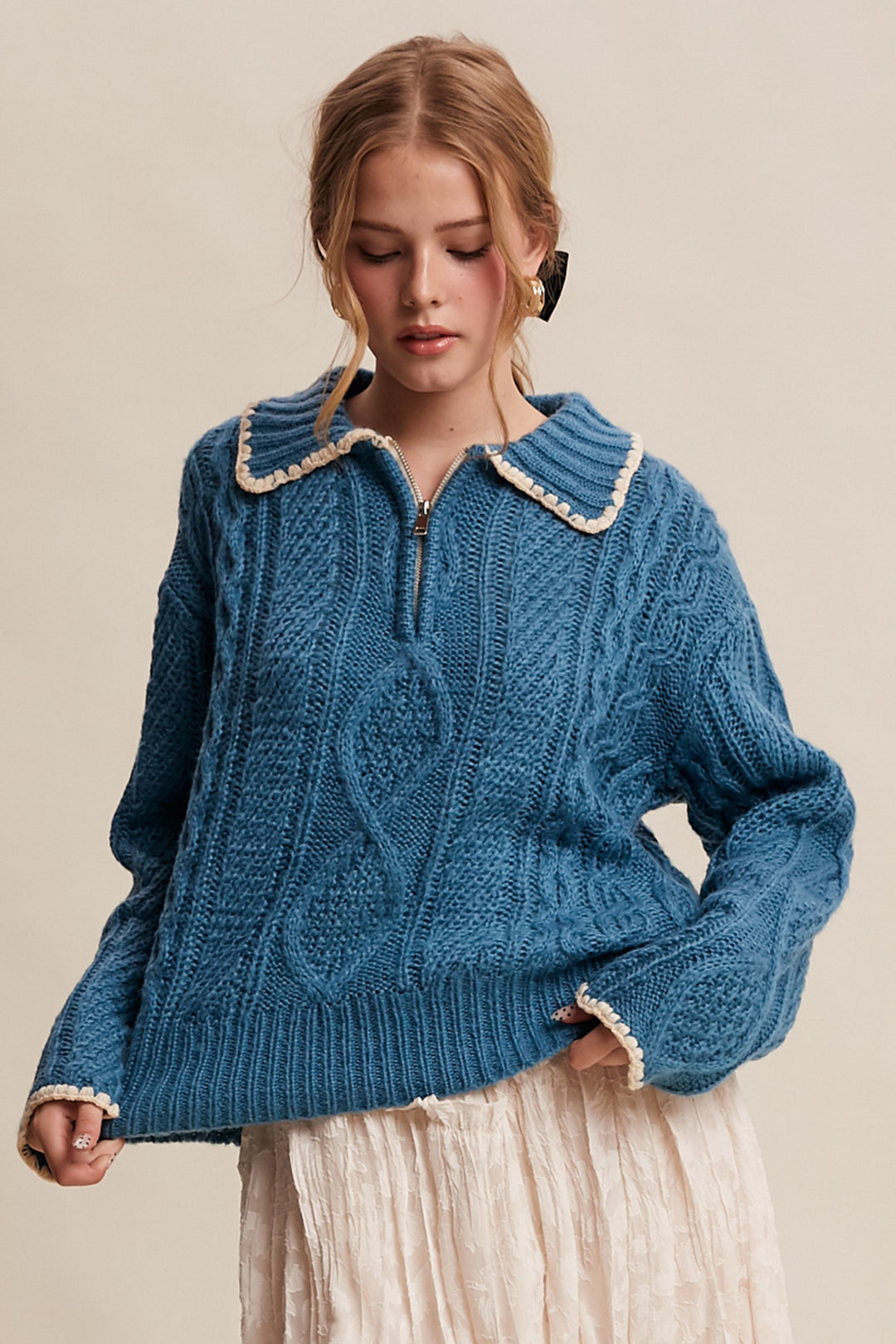 Teal Quarter Zip Cable Sweater