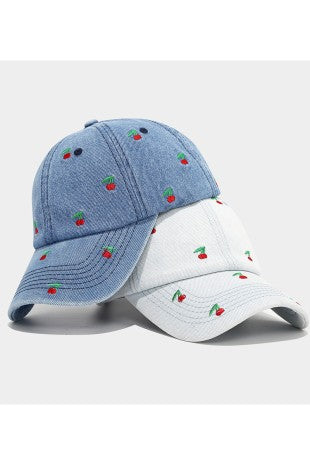 Cherry Embroidered Denim Baseball Trucker Cap