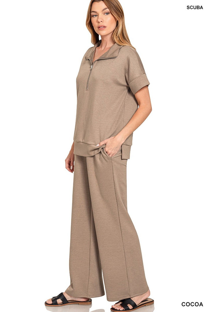 Scuba High Neck Half Zip Top & Pants Set-Cocoa