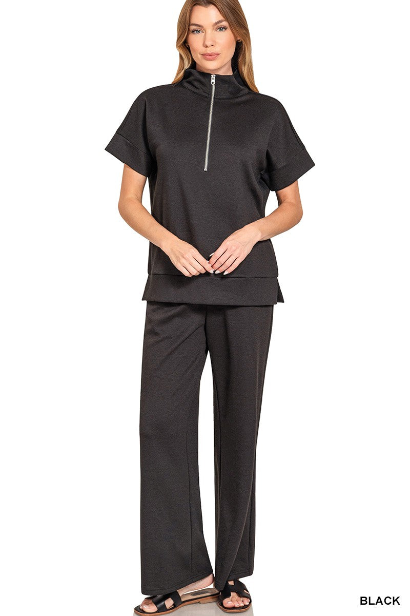 Scuba High Neck Half Zip Top & Pants Set-Black
