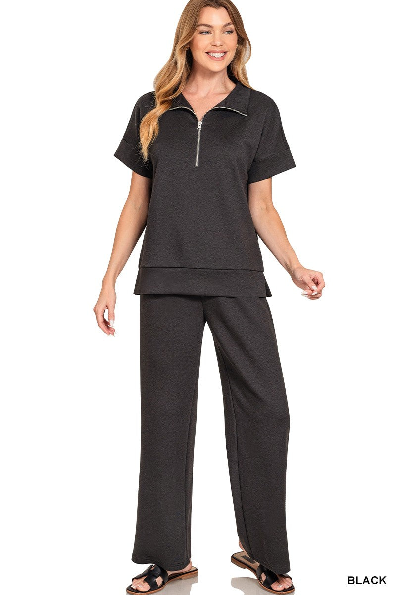Scuba High Neck Half Zip Top & Pants Set-Black