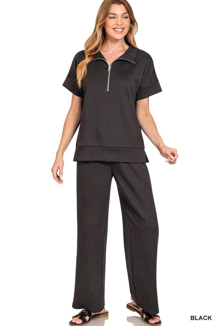 Scuba High Neck Half Zip Top & Pants Set-Black