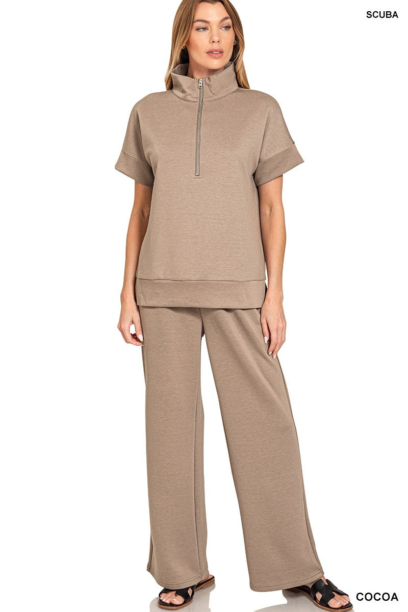 Scuba High Neck Half Zip Top & Pants Set-Cocoa