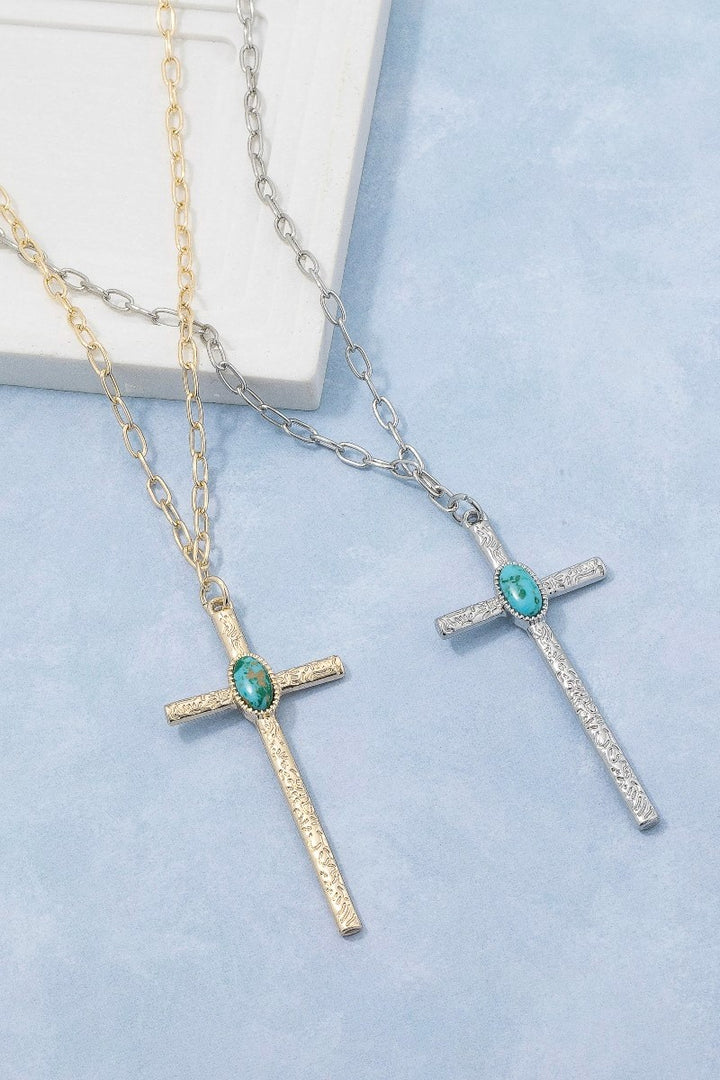 Oval Turquoise Stud Long Cross Pendant Necklace