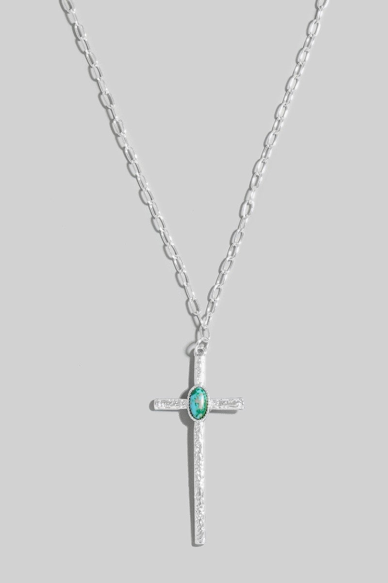 Oval Turquoise Stud Long Cross Pendant Necklace