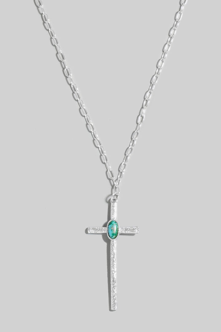 Oval Turquoise Stud Long Cross Pendant Necklace