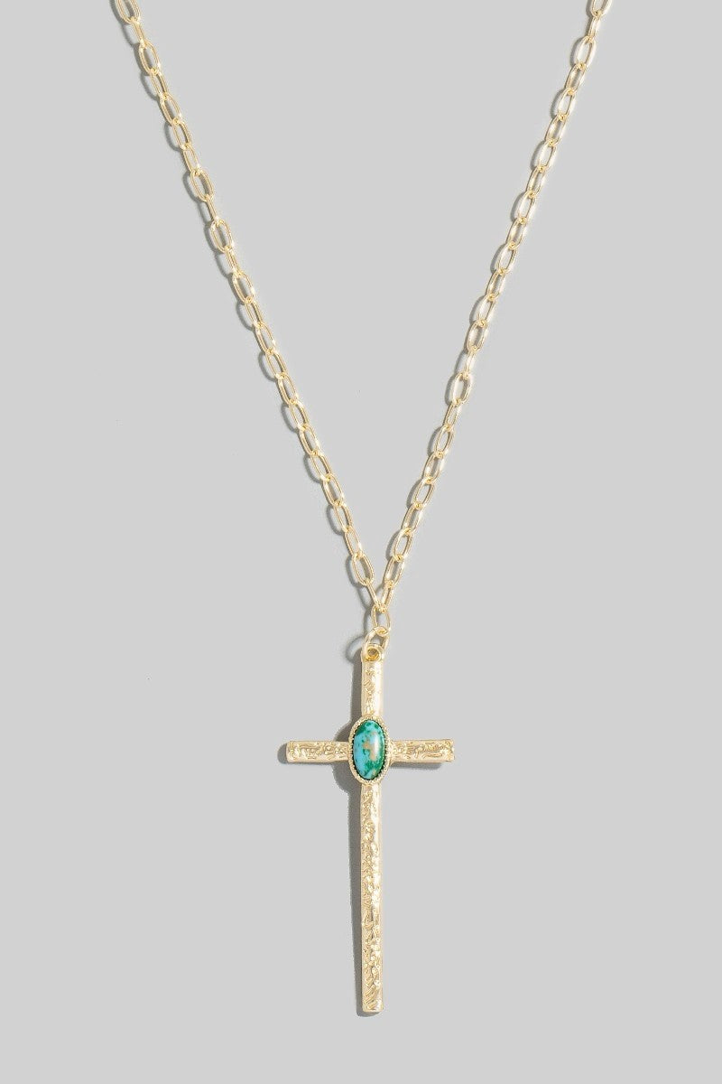 Oval Turquoise Stud Long Cross Pendant Necklace