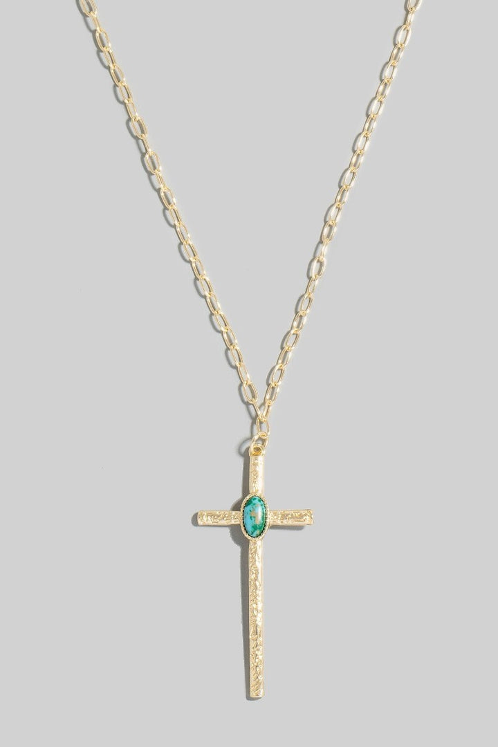 Oval Turquoise Stud Long Cross Pendant Necklace