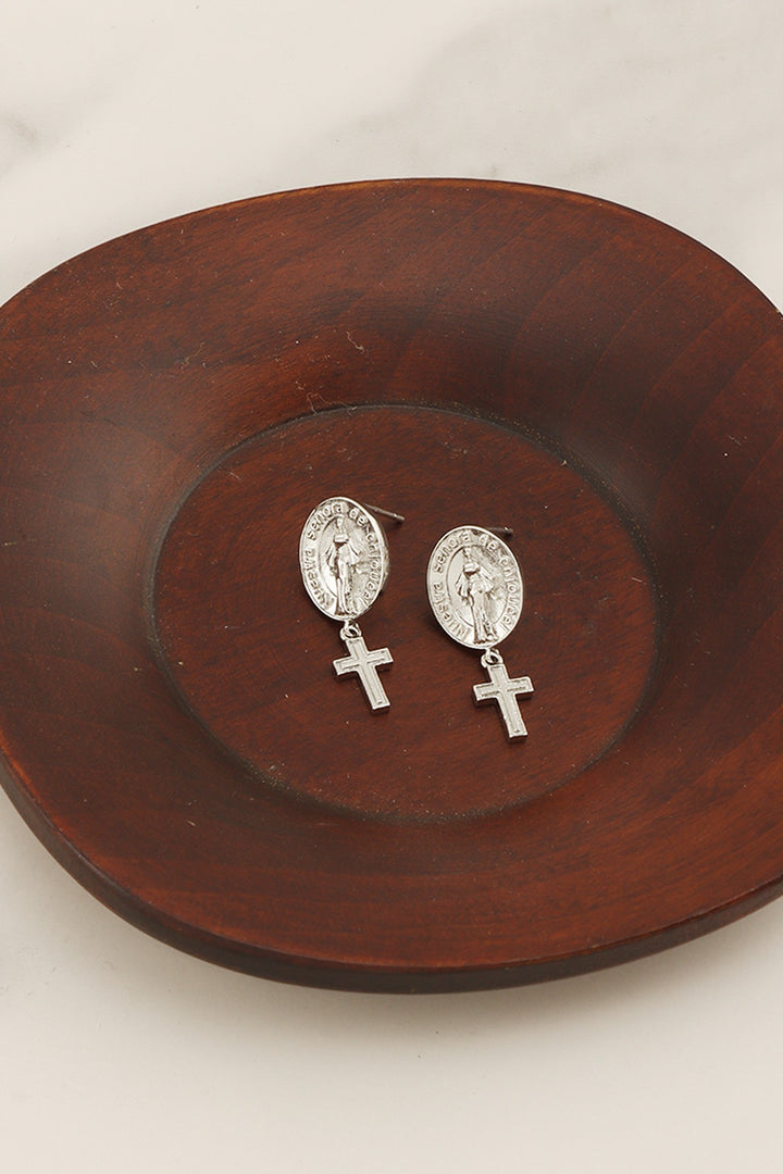 Religious Medallion Oval Saint Cross Charm Earring