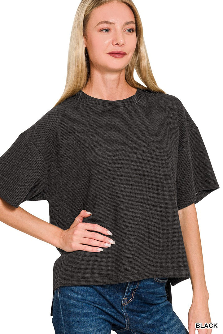 Double Knit Side Slits Hi Low Short Sleeve Top-Black