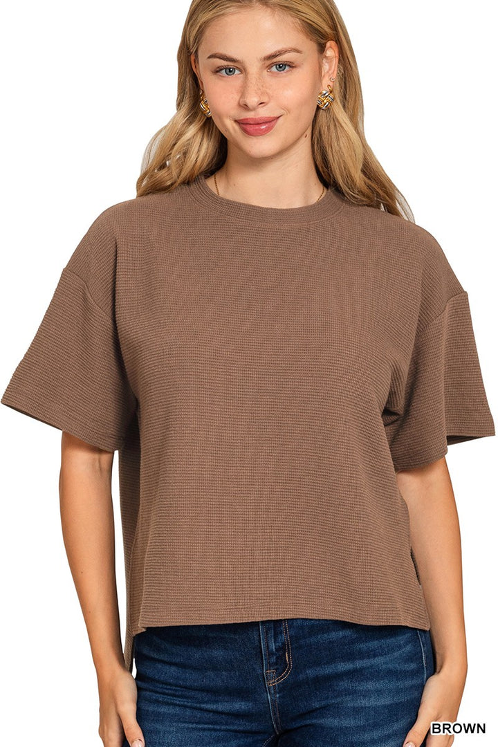 Double Knit Side Slits Hi Low Short Sleeve Top-Brown
