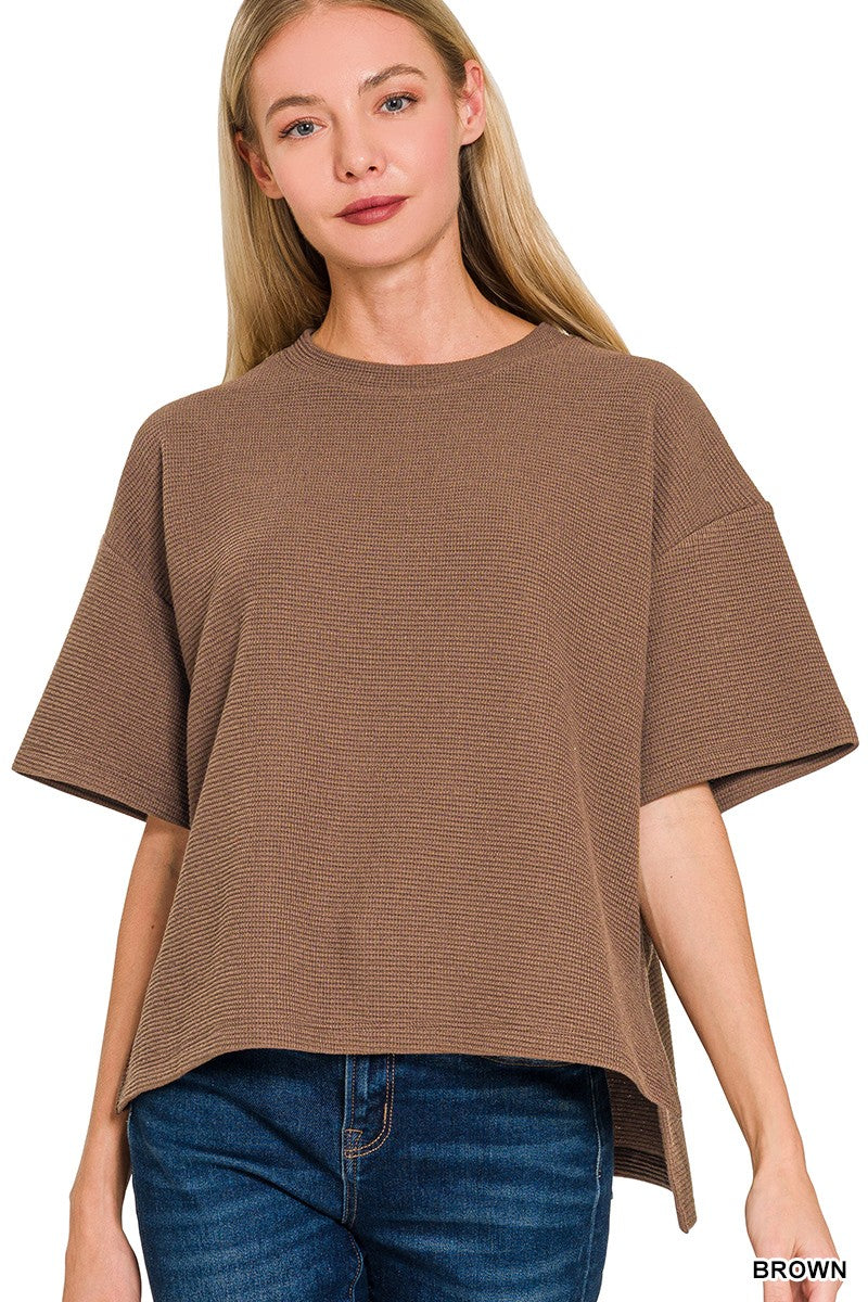 Double Knit Side Slits Hi Low Short Sleeve Top-Brown