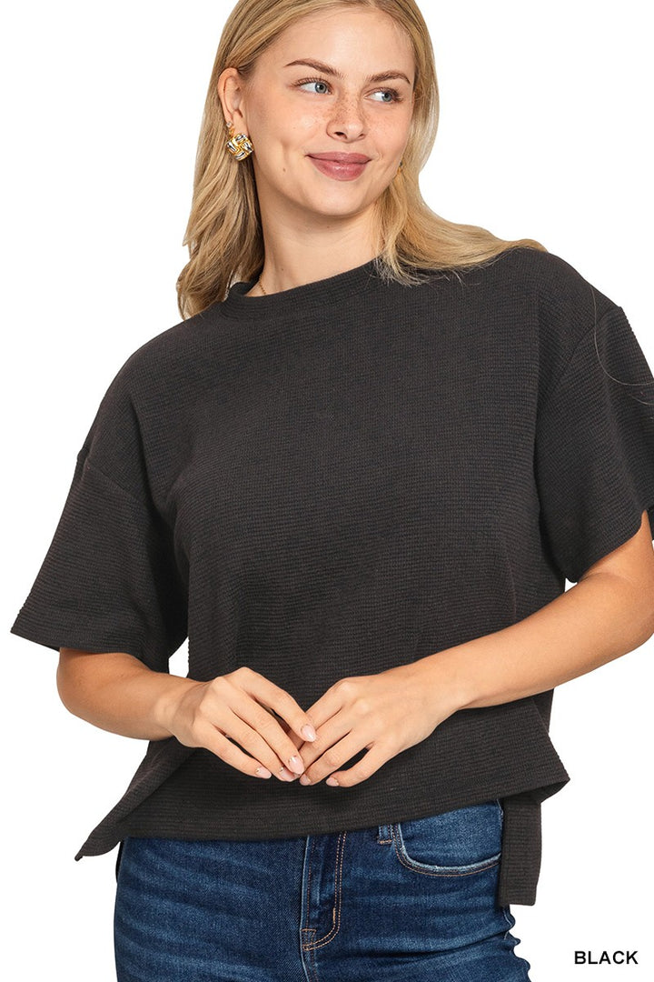 Double Knit Side Slits Hi Low Short Sleeve Top-Black
