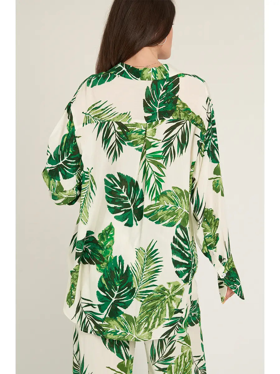 Leaf Print Long Sleeve Button Down Shirt