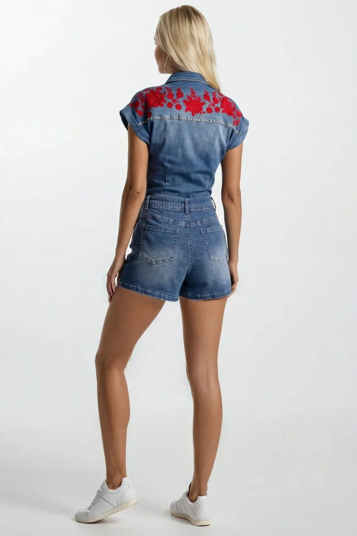Embroidered Rose Denim Romper