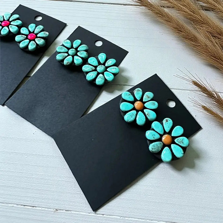 Faux Turquoise Mini Flower Studs-Orange