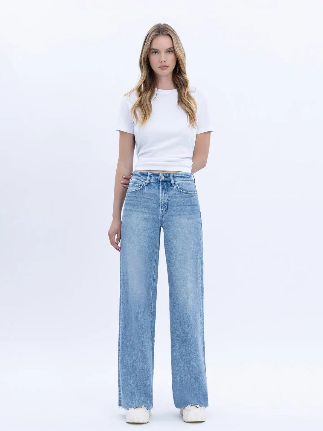 High Rise Clean Cut Raw Hem Wide Jeans