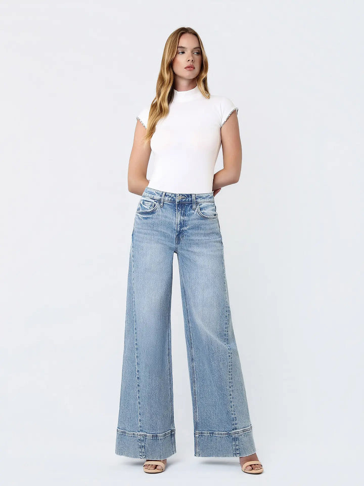 High Rise Metal Buckle Trim Extreme Wide Jeans