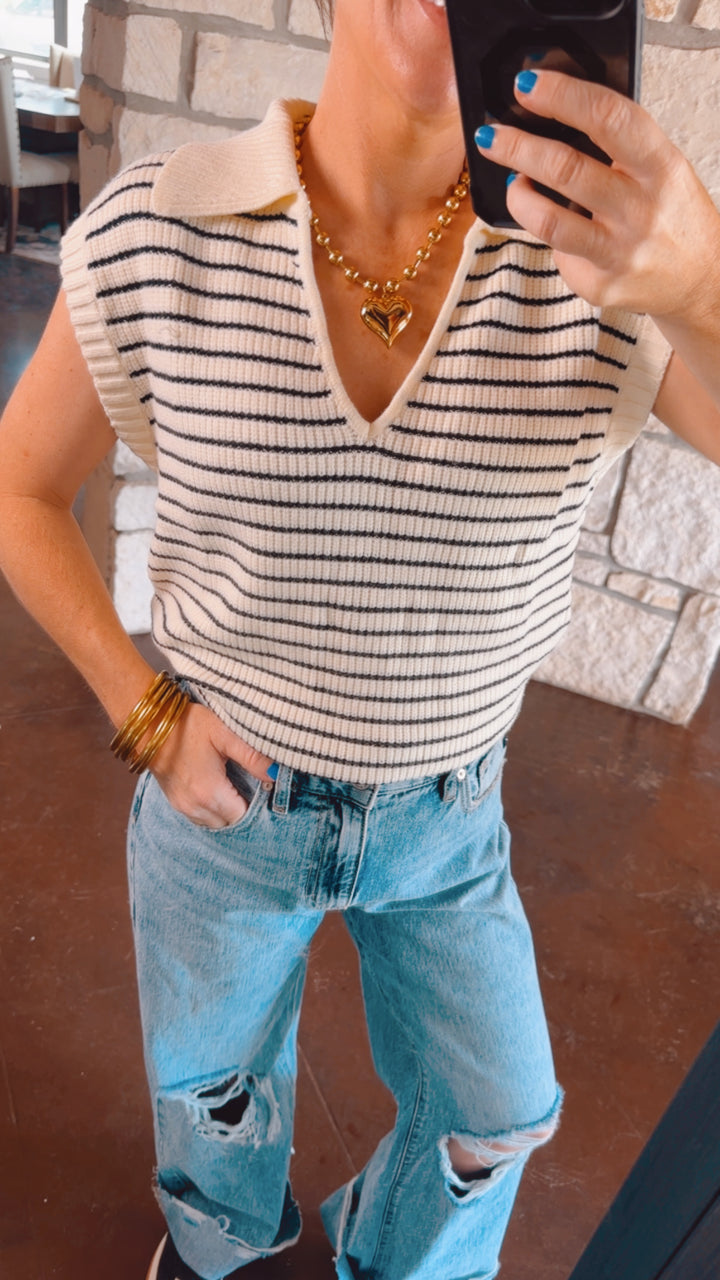 Stripe Turn-Down V Neck Sweater Tank Top