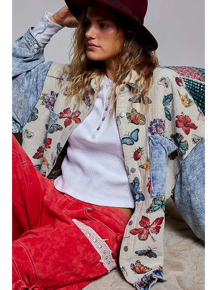 Oversized Butterfly Floral Tapestry Patch Pocket Jacket