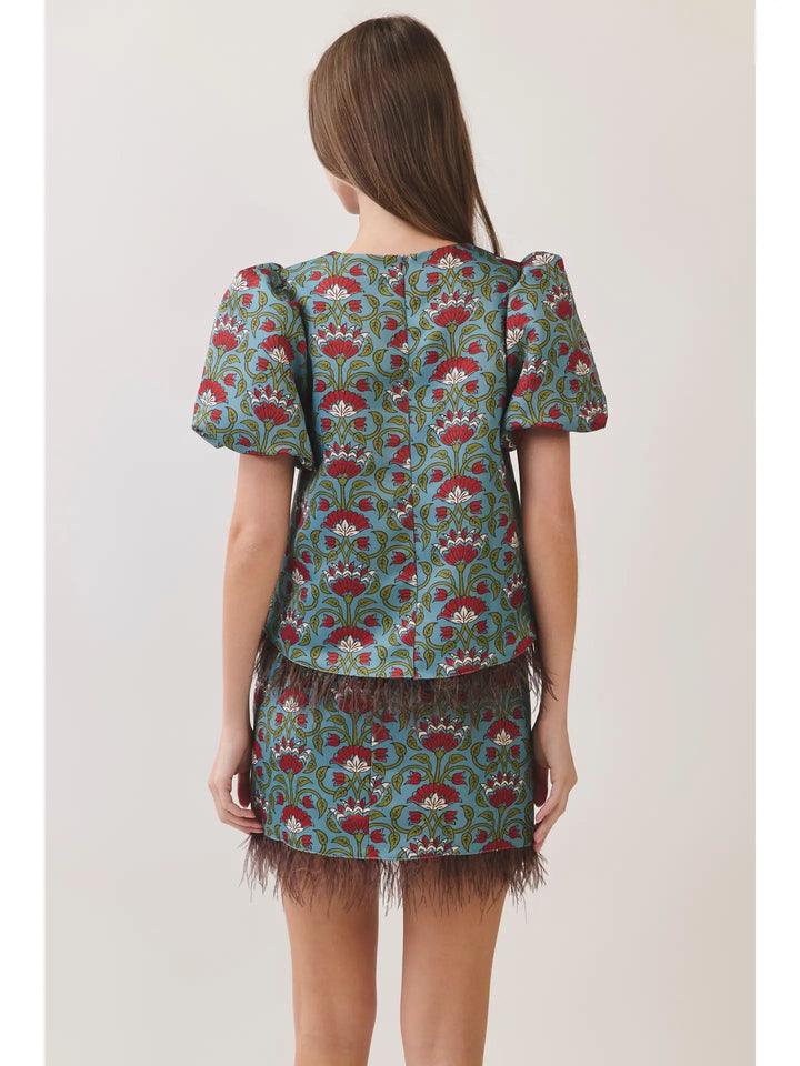 Floral Print Feather Trim Top