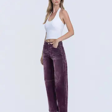 High Rise Velvet Flocked Purple Barrel Leg Jeans