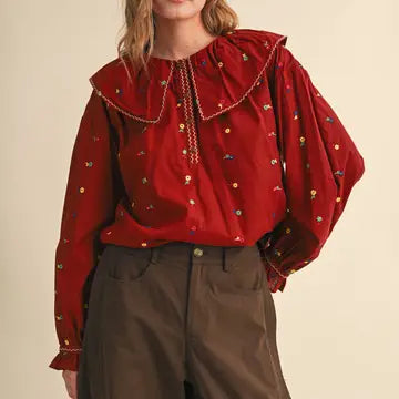 Embroidered Floral Oversized Collar Button Down Top