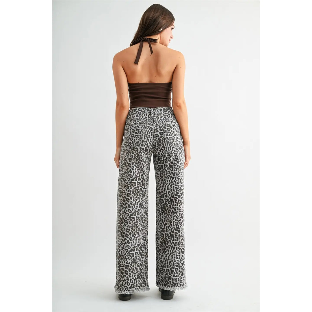 High-Rise Wide Leg Frayed Hem Leopard