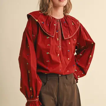 Embroidered Floral Oversized Collar Button Down Top