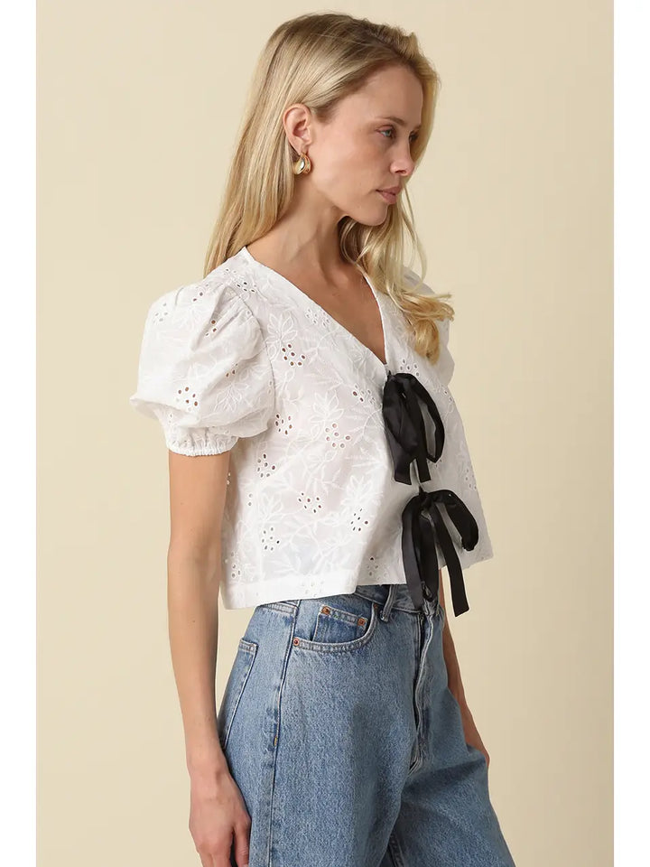 Colette Eyelet Contrast Tie-Front Top