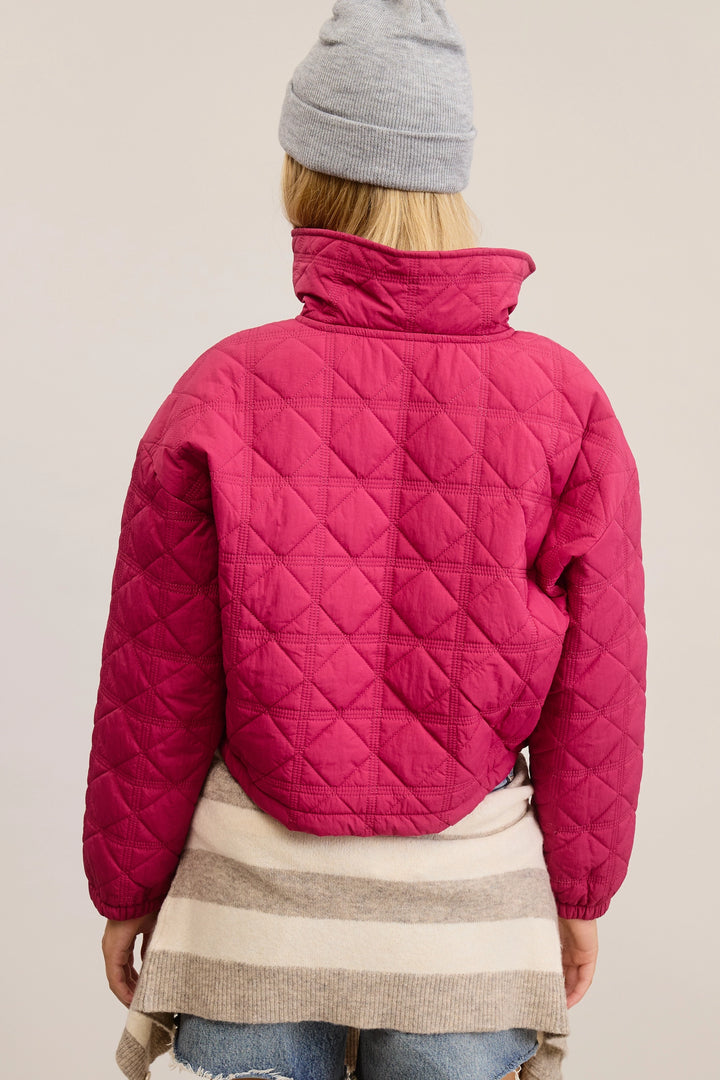 Quilted Puffer Sweater with Collared Zipper-Pink