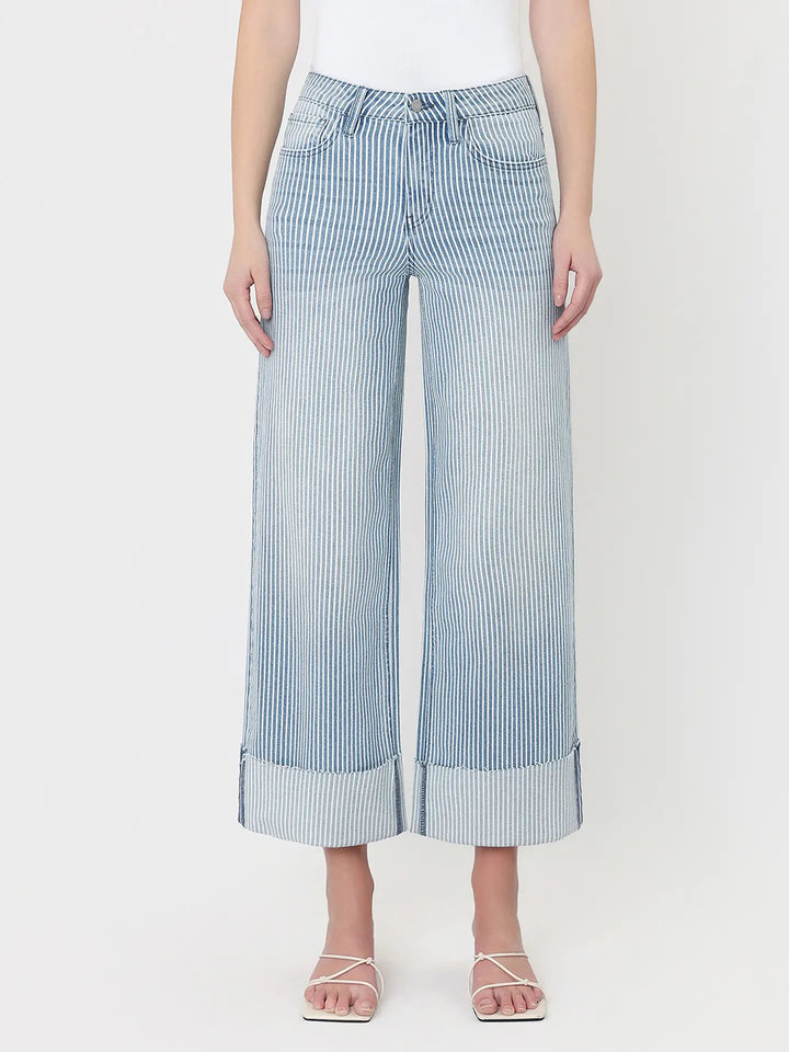 High Rise Cuffed Striped Crop Wide Jeans