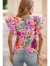 Vibrant Floral Print Trimmed Ruffle Sleeve Blouse