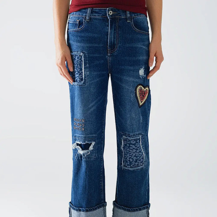 Wide Leg Jeans Embellished with Patches