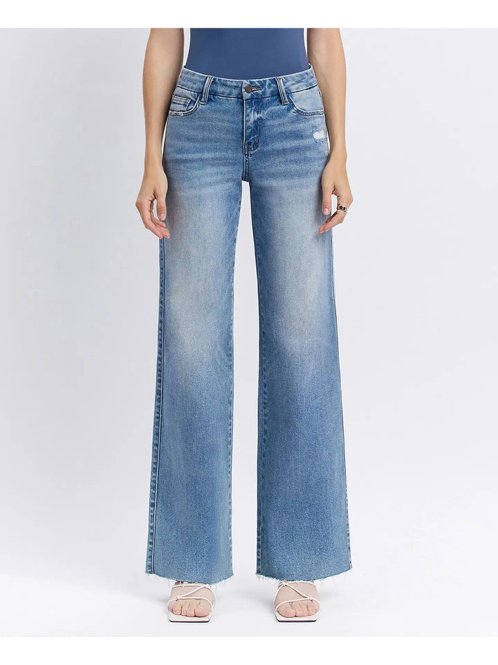 Mid Rise Clean Cut Raw Hem Wide Jeans