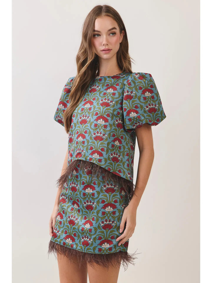 Floral Print Feather Trim Top