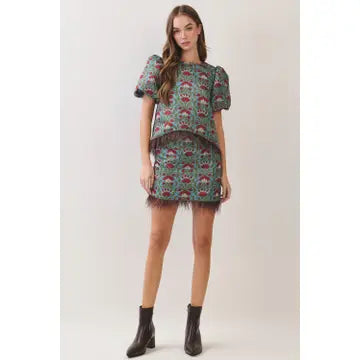 Floral Print Feather Trim Top